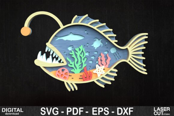 3D Layered Angler Fish Laser Cutting Wall Decor