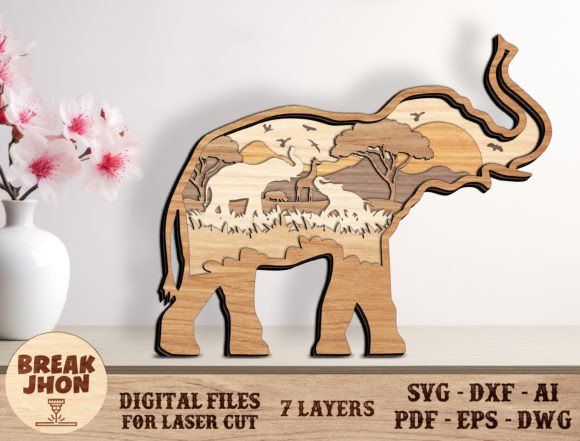 Elephant with Safari Scene Layered Svg for Signs and Laser Cutting