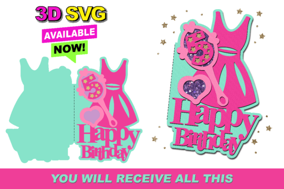 Pink Doll Card 3D SVG for Birthday Laser Cutting